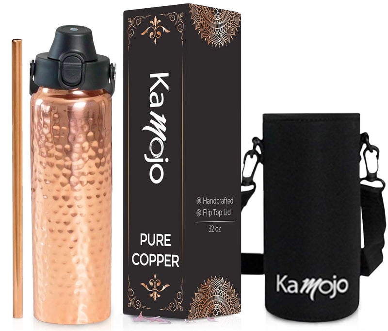 Kamojo Copper Water Bottle for Drinking - Hammered Pure Copper Water Bottle with Push Button Lid  Removable Insulating Sleeve & Copper Straw - Handcrafted Water Bottle Copper Cup 32 fl oz - Image 1
